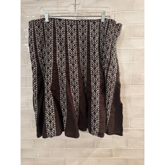 Style & Co Brown White Embroidered 100% Linen Twirl Skirt Boho Size 18W - Picture 2 of 6